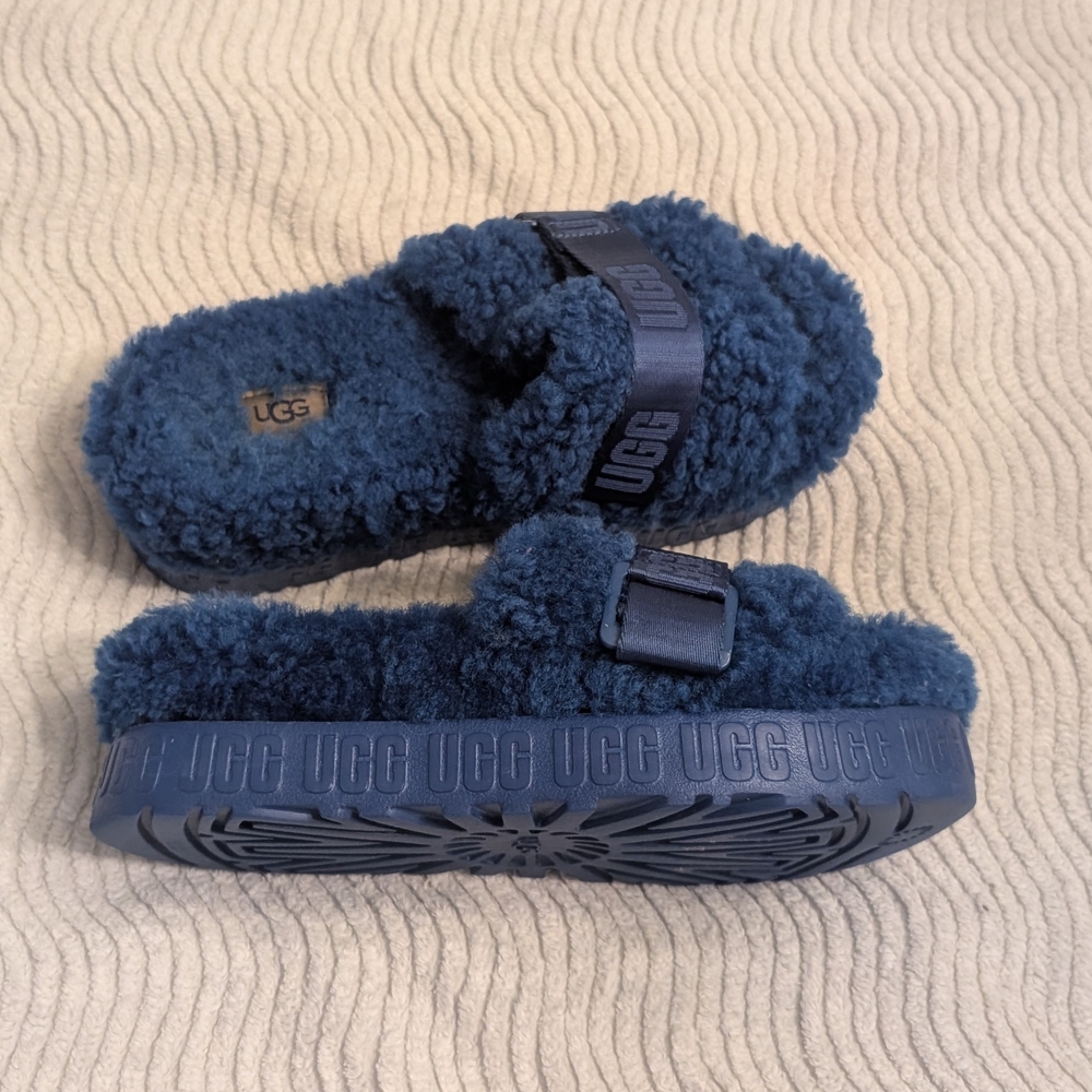 UGG Navy Blue Fluff Slide Platform Sandals